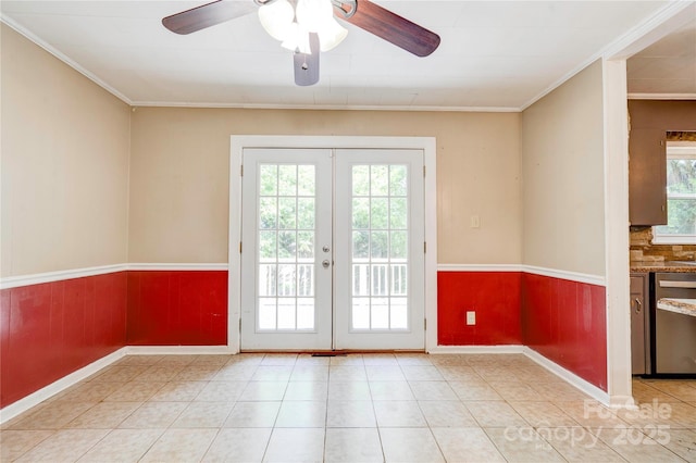 619 E Sanders Rd, Shelby, NC 28150 - entryway with french doors, a ceiling fan, ornamental molding, a wainscoted wall, and wood walls