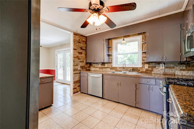 619 E Sanders Rd, Shelby, NC 28150 - kitchen with appliances with stainless steel finishes, a sink, open shelves, french doors, and plenty of natural light