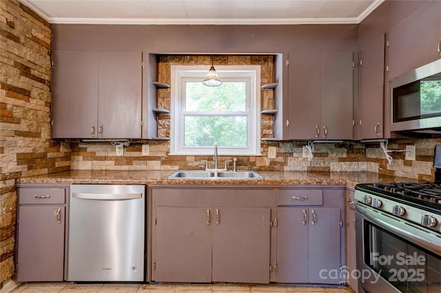 619 E Sanders Rd, Shelby, NC 28150 - kitchen featuring appliances with stainless steel finishes, a sink, open shelves, crown molding, and tasteful backsplash