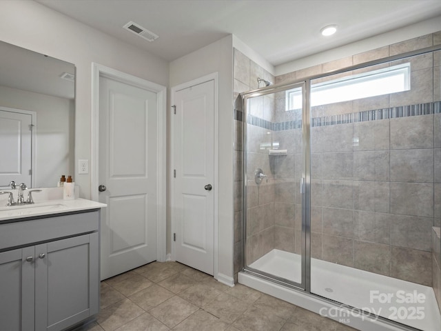 5581 Soft Shell Dr, Lancaster, SC 29720 - bathroom featuring a stall shower, tile patterned flooring, and vanity