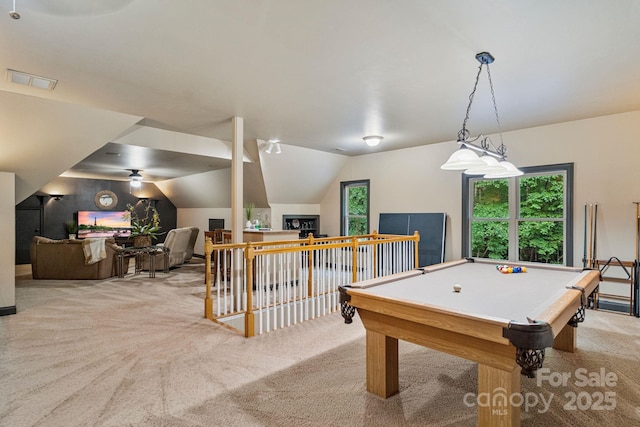 131 Sierra Woods Dr, Troutman, NC 28166 - recreation room with light colored carpet, plenty of natural light, billiards table, and vaulted ceiling