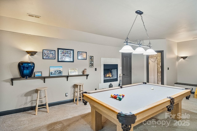 131 Sierra Woods Dr, Troutman, NC 28166 - game room with light colored carpet, baseboards, billiards table, and a fireplace