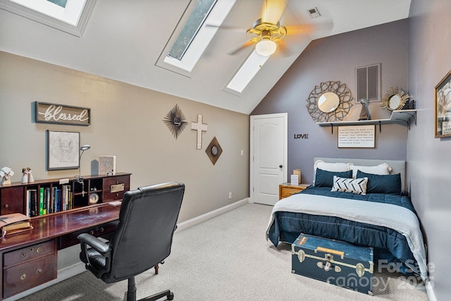 131 Sierra Woods Dr, Troutman, NC 28166 - carpeted bedroom featuring a skylight, vaulted ceiling, an office area, baseboards, and ceiling fan