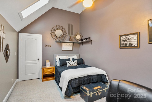 131 Sierra Woods Dr, Troutman, NC 28166 - bedroom featuring a skylight, carpet floors, baseboards, ceiling fan, and high vaulted ceiling