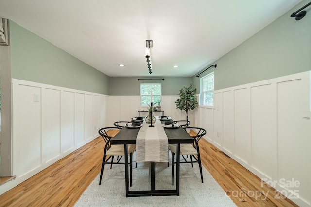 3387 Passmore Rd, Rock Hill, SC 29730 - dining area featuring a decorative wall, light wood-style flooring, wainscoting, and recessed lighting