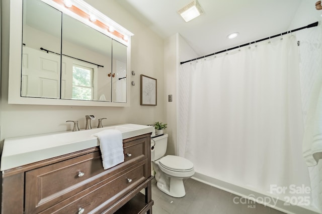3387 Passmore Rd, Rock Hill, SC 29730 - bathroom with toilet, tile patterned floors, vanity, and a shower with shower curtain