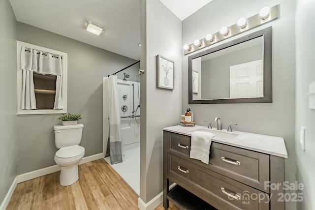 3387 Passmore Rd, Rock Hill, SC 29730 - bathroom featuring wood finished floors, a shower with curtain, baseboards, toilet, and vanity