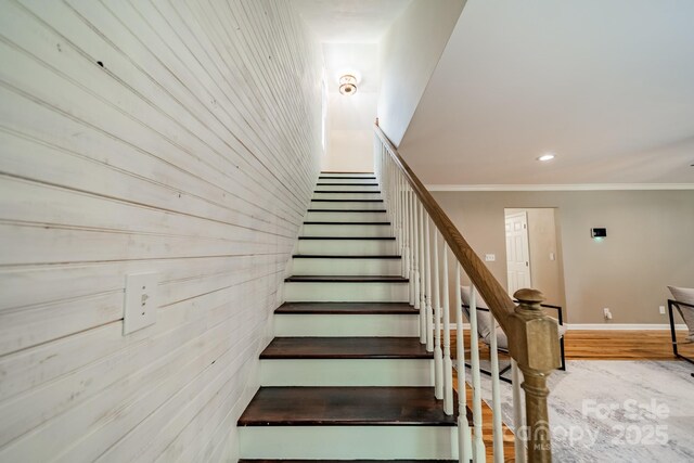 3387 Passmore Rd, Rock Hill, SC 29730 - stairs with crown molding, wood finished floors, recessed lighting, and baseboards
