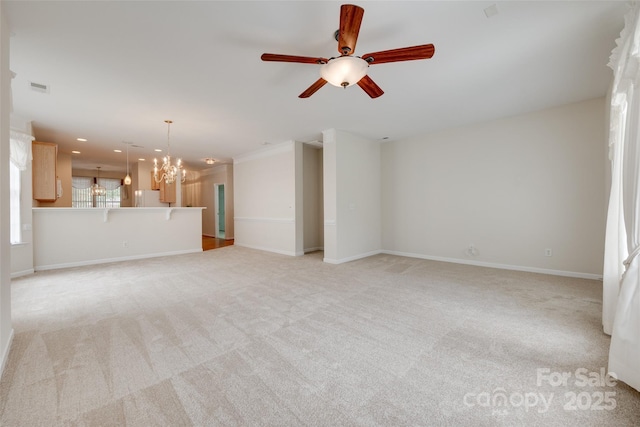 422 Garnet Ct, Fort Mill, SC 29708 - unfurnished living room featuring ceiling fan, light carpet, a chandelier, and recessed lighting