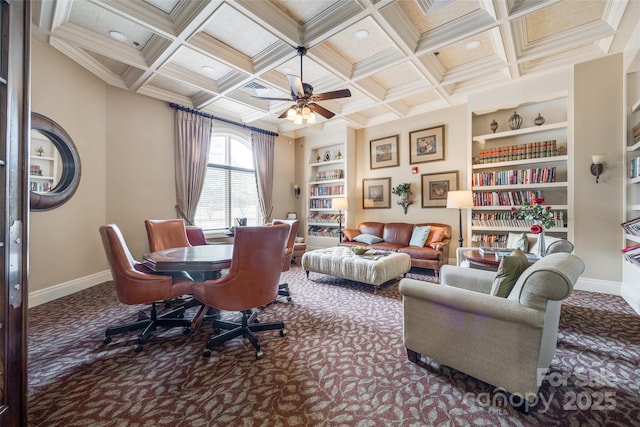 422 Garnet Ct, Fort Mill, SC 29708 - office area featuring carpet flooring, coffered ceiling, a ceiling fan, beamed ceiling, and built in features