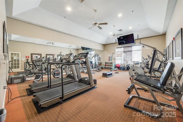 422 Garnet Ct, Fort Mill, SC 29708 - workout area featuring lofted ceiling, carpet, a ceiling fan, and recessed lighting
