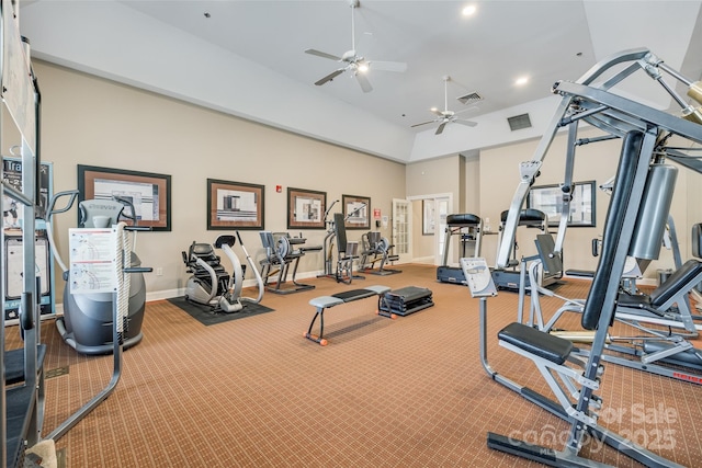 422 Garnet Ct, Fort Mill, SC 29708 - workout area featuring ceiling fan, recessed lighting, carpet floors, and vaulted ceiling