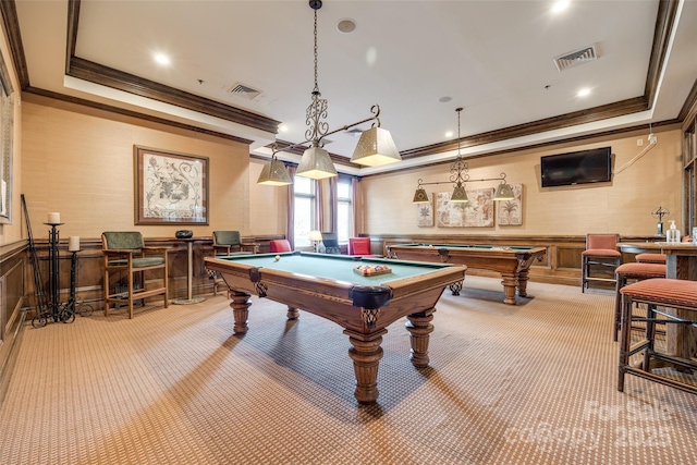422 Garnet Ct, Fort Mill, SC 29708 - game room featuring crown molding, light colored carpet, pool table, wainscoting, and a decorative wall