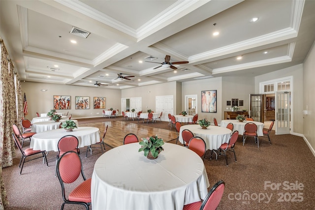422 Garnet Ct, Fort Mill, SC 29708 - dining space featuring a ceiling fan, beamed ceiling, coffered ceiling, crown molding, and carpet floors