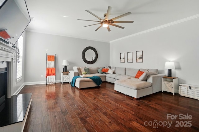6314 Bluffton Ln, Midland, NC 28107 - living area featuring ceiling fan, hardwood / wood-style floors, ornamental molding, a fireplace, and baseboards