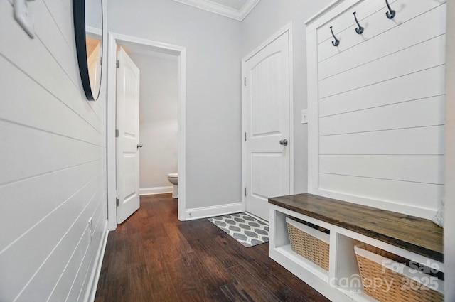 6314 Bluffton Ln, Midland, NC 28107 - mudroom with ornamental molding, dark wood-style flooring, and baseboards