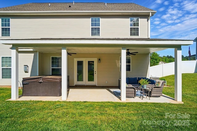 6314 Bluffton Ln, Midland, NC 28107 - back of property featuring a hot tub, a ceiling fan, an outdoor living space, and a patio area