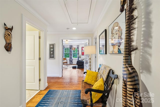 1701 Dearmon Dr, Charlotte, NC 28205 - hall featuring attic access, crown molding, wood finished floors, baseboards, and recessed lighting