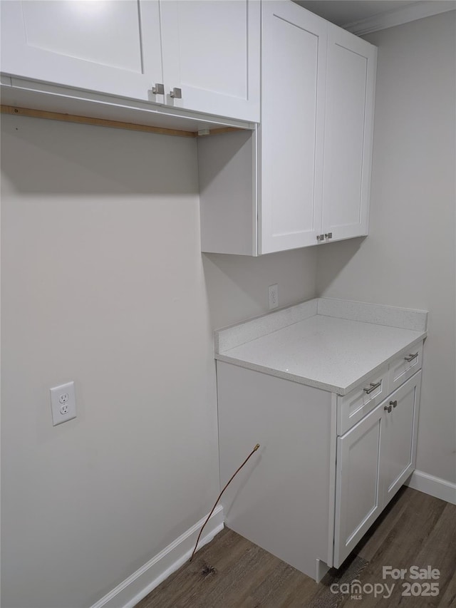 laundry area featuring dark wood-type flooring