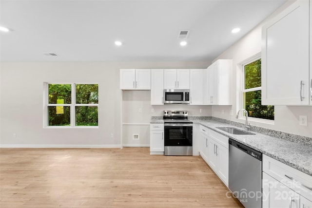 kitchen with appliances with stainless steel finishes, a sink, light wood-style floors, white cabinets, and recessed lighting
