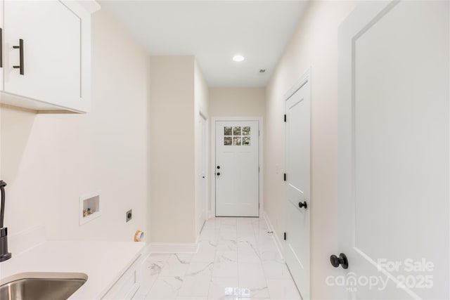605 Stirewalt Rd, China Grove, NC 28023 - clothes washing area with cabinet space, electric dryer hookup, washer hookup, light marble finish floors, and recessed lighting