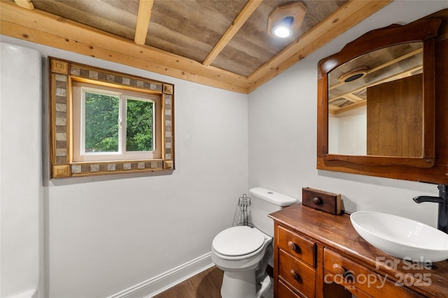 234 Snyder Farm Rd, Waynesville, NC 28786 - bathroom featuring wood finished floors, toilet, vanity, wood ceiling, and baseboards