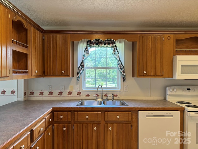 40 Mountainview Rd, Asheville, NC 28806 - kitchen with white appliances, a sink, a textured ceiling, open shelves, and brown cabinets