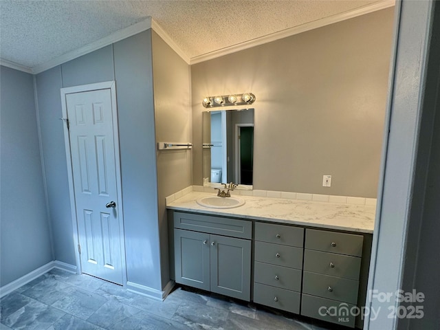 40 Mountainview Rd, Asheville, NC 28806 - bathroom featuring crown molding, a textured ceiling, vanity, baseboards, and stone finish flooring