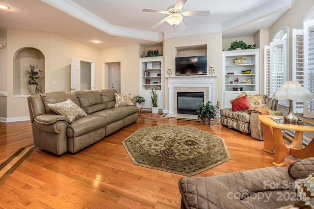 7245 Willow Brook Ct, Denver, NC 28037 - living area featuring ceiling fan, a fireplace with flush hearth, crown molding, light wood-type flooring, and recessed lighting
