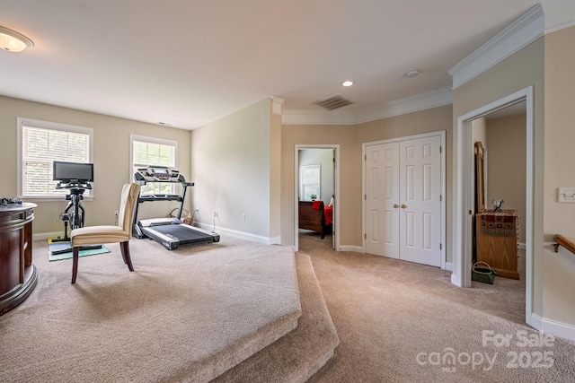 7245 Willow Brook Ct, Denver, NC 28037 - workout area featuring carpet flooring, crown molding, and baseboards