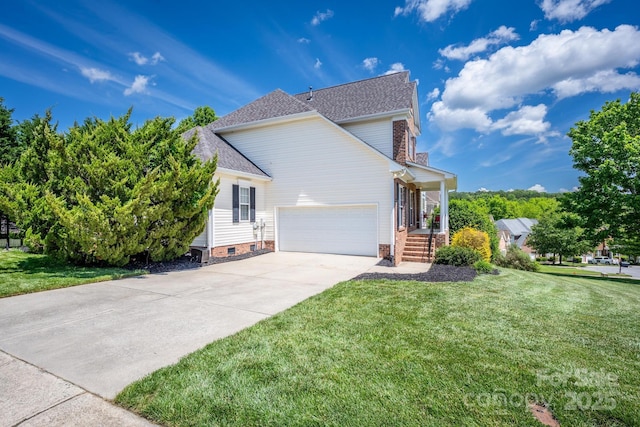 7245 Willow Brook Ct, Denver, NC 28037 - view of property exterior with driveway, a yard, an attached garage, roof with shingles, and crawl space