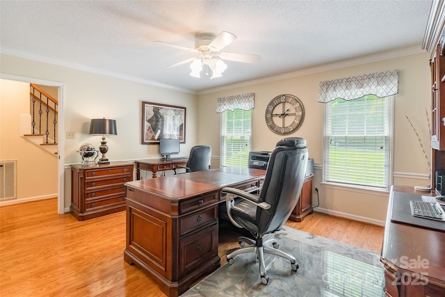 2730 Tiffany Dr, Rock Hill, SC 29732 - office featuring ceiling fan, light wood-type flooring, ornamental molding, a textured ceiling, and baseboards