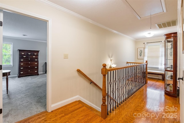 2730 Tiffany Dr, Rock Hill, SC 29732 - corridor featuring attic access, an upstairs landing, baseboards, crown molding, and wood finished floors