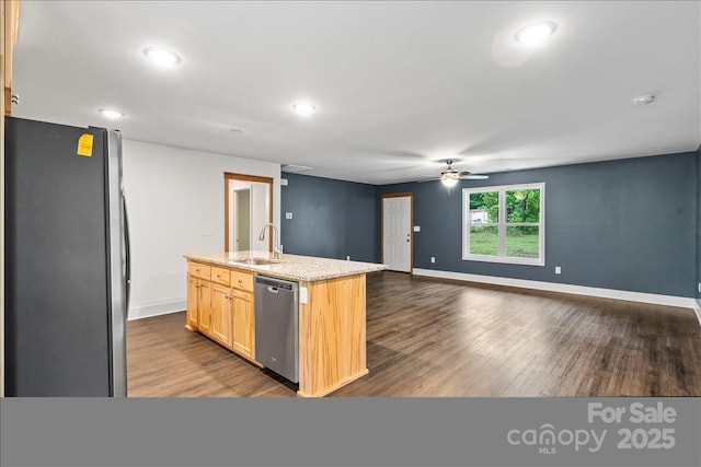 200 Mosley Rd, Blacksburg, SC 29702 - kitchen with appliances with stainless steel finishes, ceiling fan, dark wood-style flooring, baseboards, and light brown cabinets