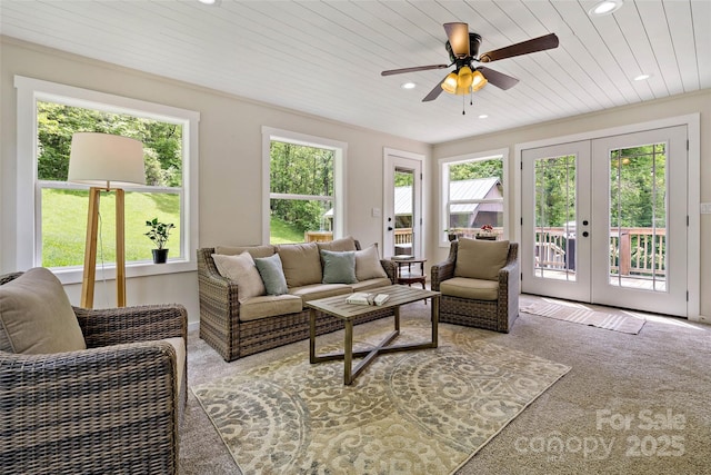 423 Cad Campbell Rd, Bakersville, NC 28705 - living area featuring recessed lighting, wood ceiling, carpet flooring, ceiling fan, and french doors