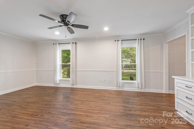 3101 Willowbrae Rd, Charlotte, NC 28226 - unfurnished room with ornamental molding, ceiling fan, dark wood-type flooring, and recessed lighting