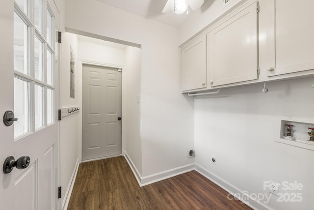 3101 Willowbrae Rd, Charlotte, NC 28226 - laundry area featuring dark wood finished floors, cabinet space, hookup for a washing machine, baseboards, and electric dryer hookup