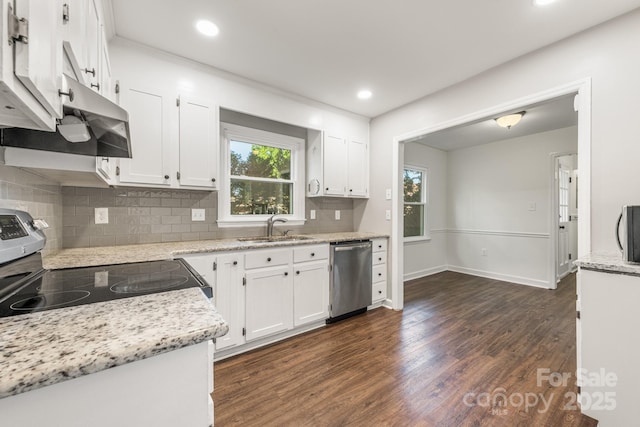 3101 Willowbrae Rd, Charlotte, NC 28226 - kitchen with appliances with stainless steel finishes, a sink, white cabinets, dark wood-style floors, and backsplash