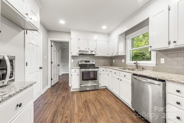 3101 Willowbrae Rd, Charlotte, NC 28226 - kitchen featuring stainless steel appliances, a sink, dark wood-type flooring, backsplash, and recessed lighting