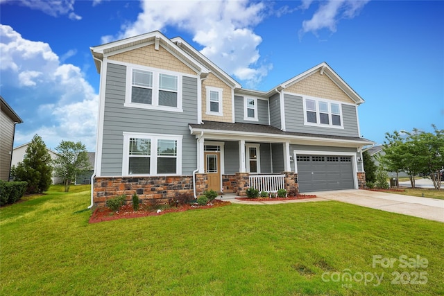 1119 Bellshill Dr, Indian Trail, NC 28079 - craftsman inspired home with a porch, concrete driveway, an attached garage, a front yard, and stone siding