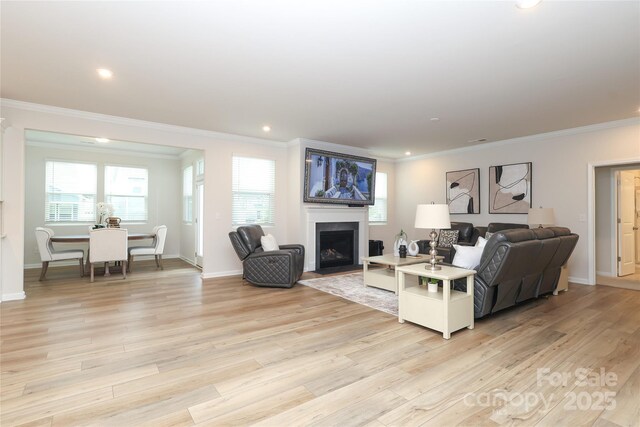 1119 Bellshill Dr, Indian Trail, NC 28079 - living area with crown molding, light wood-style floors, baseboards, recessed lighting, and a fireplace