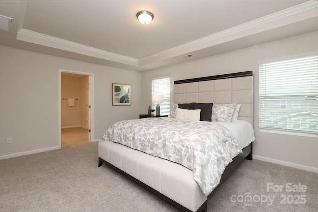 1119 Bellshill Dr, Indian Trail, NC 28079 - bedroom featuring a raised ceiling, ornamental molding, light colored carpet, and baseboards