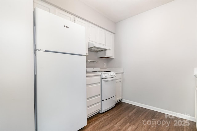 kitchen with white appliances, under cabinet range hood, white cabinetry, dark wood-type flooring, and light countertops