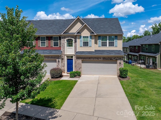 1769 Evergreen Dr, Charlotte, NC 28208 - view of front facade with a garage, brick siding, a front yard, driveway, and roof with shingles