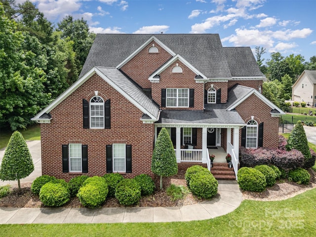 traditional-style home with brick siding, a porch, and a shingled roof