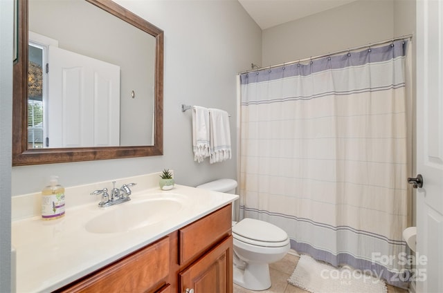 full bath with toilet, vanity, tile patterned flooring, and a shower with shower curtain