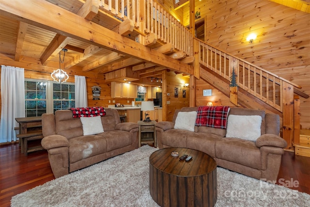 45 Ginger Ln, Waynesville, NC 28785 - living area with wood walls, wood finished floors, wood ceiling, stairway, and beamed ceiling