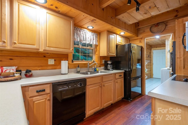 45 Ginger Ln, Waynesville, NC 28785 - kitchen with black appliances, a sink, wood ceiling, wooden walls, and beamed ceiling