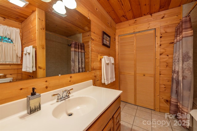 45 Ginger Ln, Waynesville, NC 28785 - bathroom with wood ceiling, tile patterned floors, wood walls, vanity, and a shower with curtain