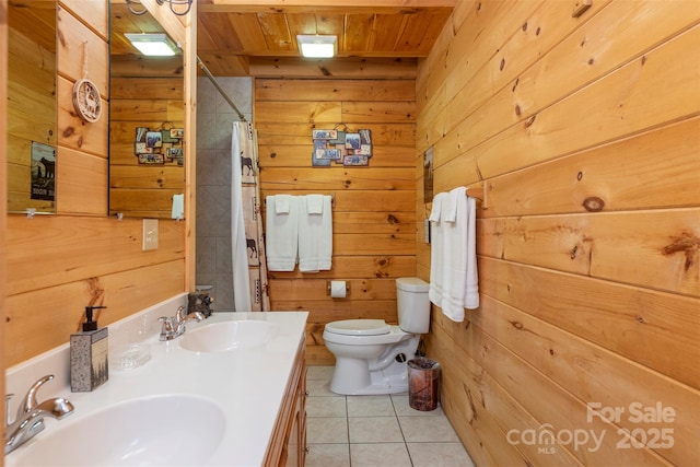 45 Ginger Ln, Waynesville, NC 28785 - full bath featuring wood walls, tile patterned flooring, toilet, curtained shower, and wood ceiling